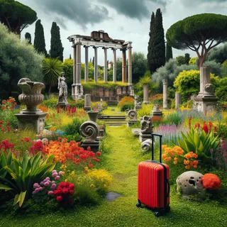 Красочный сад с античными руинами, окружённый зеленью и красочным, современным красным туристическим чемоданом на колесиках