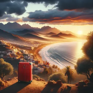 Побережье Марокко с красным туристическим чемоданом на фоне величественных гор и закатного неба, тенистые рощи и живописные пейзажи в кинематографическом стиле