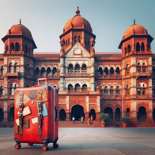 Кинематографический образ красивого исторического здания в Дели с красным туристическим чемоданом на колесиках перед ним