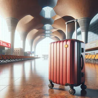 реалистическое изображение красного чемодана на колесиках, стоящего в аэропорту Казахстана, в кинематографическом стиле, без людей