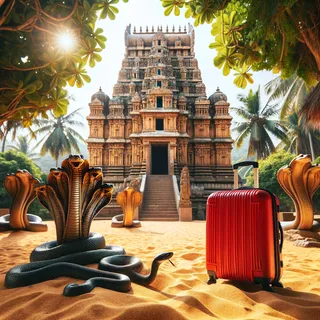 Красный туристический чемодан стоит на золотистом песке у подножия древнего индийского храма в окружении пышной растительности и священных змей. 