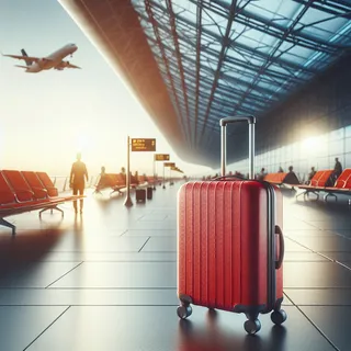 Красный туристический чемодан на фоне аэропорта, без людей, реальный стиль