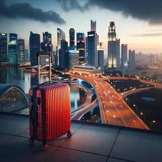 Красный туристический чемодан на колесиках стоит на фоне горизонта Сингапура с видом на современную архитектуру и высокие здания против вечернего неба
