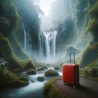 реалистический кинематографический стиль изображения водопада Гит-Гит на Бали с красным туристическим чемоданом на колесиках в окружении зеленых деревьев и покрова тумана