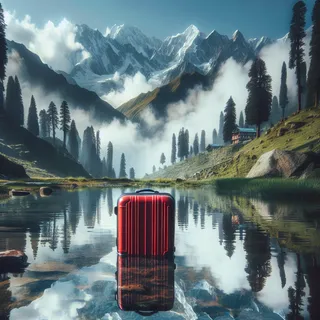 В Гималаях, туристический красный чемодан на фоне идиллического горного пейзажа, окруженного облаками и гигантскими соснами, отражающимися в чистом озере