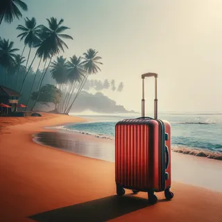 Кинематографическое изображение красного туристического чемодана на колесиках около прибрежной зоны с фоном тропического пляжа на Шри-Ланке, без людей