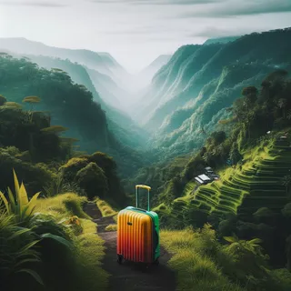 Кинематографический стиль, живописные горные тропы на Бали, пышная зелень с красочным туристическим чемоданом на колесиках у края тропы