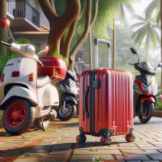 Реалистичное изображение красного туристического чемодана на колесиках на фоне арендованных скутеров и мотоциклов в Гоа. Светит солнце, чемодан стоит на парковке рядом с деревьями, на заднем фоне видно несколько скутеров и мотоциклов.