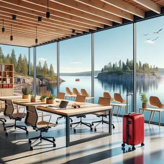 Красивый современный шведский офис с видом на озеро и красным туристическим чемоданом на колесиках у входа