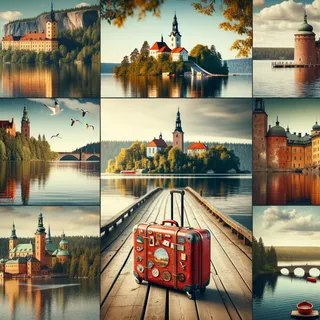 Кинематографический пейзаж Швеции с культурными и природными достопримечательностями, отражающими уникальный характер страны; красный туристический чемодан на колесиках