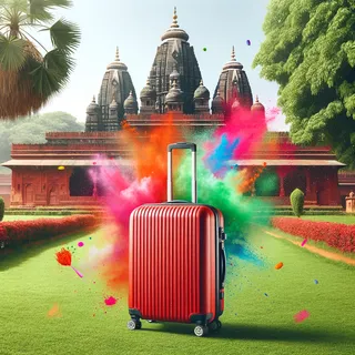 Красный туристический чемодан на колесиках стоит на зелёной лужайке, вокруг разлетаются яркие краски фестиваля Холи, а на заднем фоне видны традиционные индийские храмы.