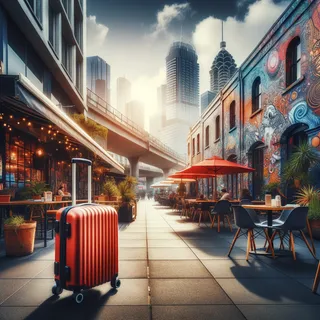 Вид на городской район с кафе и уличным искусством, а на переднем плане стоит красный туристический чемодан на колесиках