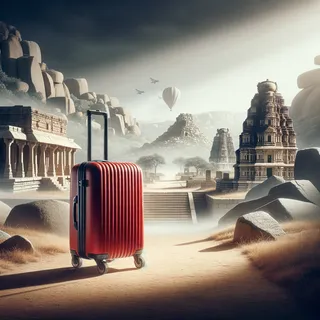 На изображении видно красный туристический чемодан на колесиках, стоящий на фоне руин Хампи под открытым небом, в кинематографическом стиле