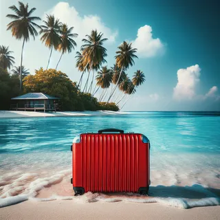 Красный туристический чемодан на пляже с пальмами и кристально чистой водой