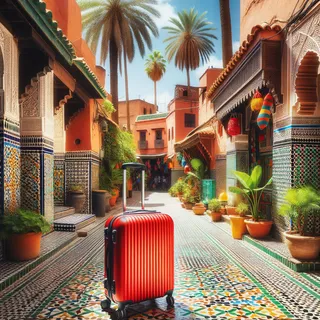 Красный чемодан на колёсиках на фоне экзотической марокканской улицы, с характерными плиточными узорами и пальмами