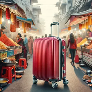 На фоне запруженной закусочными улицы Дели стоит красный чемодан на колесиках. Фотография очень детализирована, чемодан блестит и выглядит абсолютно новым. Снято в гиперреалистическом стиле.