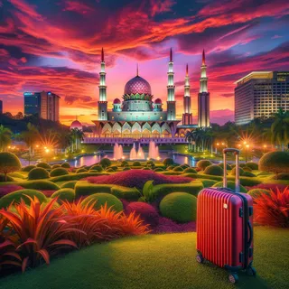 Красочный закат на фоне Национальной мечети Малайзии, окруженной зелеными садами и ярким вечерним освещением, с красным туристическим чемоданом на переднем плане