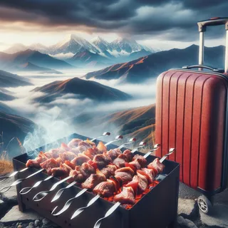 Кинематографическое изображение сочного грузинского шашлыка на углях, рядом красный туристический чемодан на колесиках, потрясающий кавказский пейзаж с видом на горы в дымке, шашлык дымится на мангале