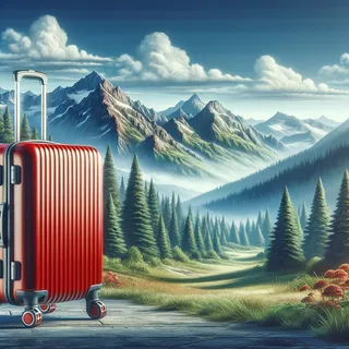 Реалистичное изображение красного туристического чемодана, стоящего на колёсиках на фоне живописных гор и лесов, в кинематографическом стиле