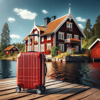 Красивый пейзаж Швеции с красным туристическим чемоданом на колесиках перед типичным шведским домом у озера