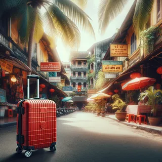Тропический рынок Вьетнама с красным туристическим чемоданом на колёсиках, стоящим на переднем плане. На заднем плане видны старинные улочки с магазинами и вывесками на вьетнамском языке. Картинка выполнена в реалистичном кинематографическом стиле.