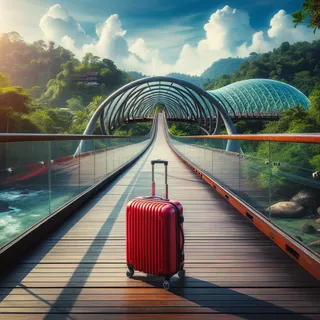 Кинематографическое изображение стеклянного моста на Пхукете с красным туристическим чемоданом на колесиках на переднем плане, в окружении тропической природы и лазурного неба