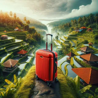 Изображение (не иллюстрация) только в очень реалистичном кинематографическом стиле. На изображении должен присутстовать красный туристический чемодан на колесиках. На изображении не должно быть людей.. Тема изображения: Топ-10 бесплатных развлечений на Бали