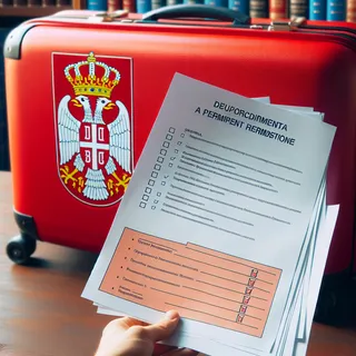 Список документов для подачи на ВНЖ в Сербии, на фоне красный туристический чемодан