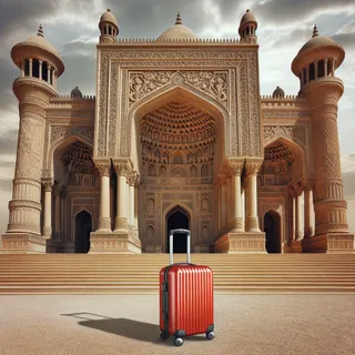 Торжественный мавзолей Мухаммеда V с красным туристическим чемоданом у подножия