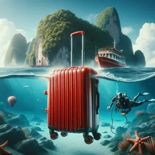 Изображение (не иллюстрация) только в очень реалистичном кинематографическом стиле. На изображении должен присутстовать красный туристический чемодан на колесиках. На изображении не должно быть людей.. Тема изображения: Погружение мечты: дайвинг у побережья Пхукета!