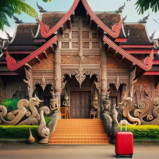 Фасад Племенного музея в Чианграе с красным туристическим чемоданом на колесиках на переднем плане