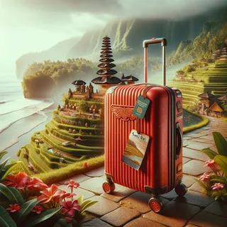Изображение (не иллюстрация) только в очень реалистичном кинематографическом стиле. На изображении должен присутстовать красный туристический чемодан на колесиках. На изображении не должно быть людей.. Тема изображения: Все, что нужно знать о Южном Бали, Индонезия
