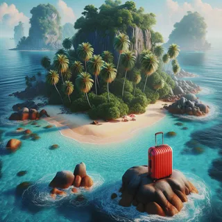 Тропический остров в Таиланде, окруженный сине-зелеными водами океана, на пляже стоит красный туристический чемодан на колесиках, вокруг кокосовые пальмы и скалы, кинематографический стиль, реалистичный