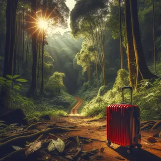 Национальный парк Перияр зимой в зените солнца с красным туристическим чемоданом на переднем плане возле тропинки среди зеленого леса