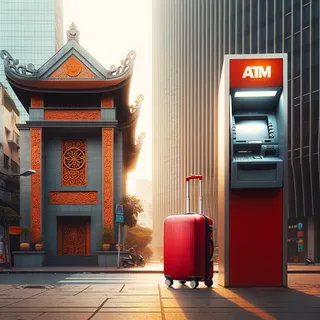Изображение с красным туристическим чемоданом на колесиках, стоящим на фоне вьетнамского банкомата и современного здания, теплый солнечный день, кинематографический стиль, без людей