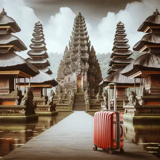 Максимально кинематографический стиль изображения знаменитых храмов Бали с красным туристическим чемоданом на колесиках, который стоит на фоне храмов, без людей