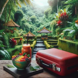 Красивый смузи и боул, представленные на фоне зеленой балийской природы, с красным туристическим чемоданом на переднем плане