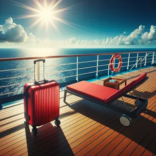 Изобразите солнечную палубу круизного лайнера с красным туристическим чемоданом на колесиках, стоящим рядом с шезлонгом, на фоне бескрайнего моря
