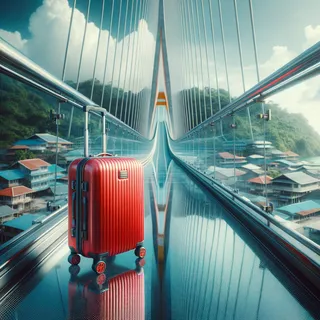 Изображение (не иллюстрация) только в очень реалистичном кинематографическом стиле. На изображении должен присутстовать красный туристический чемодан на колесиках. На изображении не должно быть людей.. Тема изображения: Стеклянный мост на Пхукете