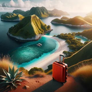 Кинематографический вид острова с красным туристическим чемоданом на колесиках возле кристально чистой воды и белого песчаного пляжа, окруженный зелеными холмами и скалами