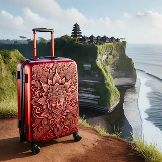 Храм Улувату, стоящий на скале над океаном с красным дизайнерским чемоданом на колесиках на переднем плане