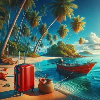 Глубоководная рыбалка. Красный туристический чемодан на колесиках лежит на пляже рядом с лодкой. Антураж тропического острова с высокими пальмами, голубым небом и прозрачной водой. Яркие цвета, кинематографическая четкость и реализм