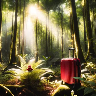 Заповедник в густом лесу с красным туристическим чемоданом на колесиках, стоящим между деревьями под ярким солнечным светом