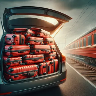 Картина неумело уложенного в багажник ярко-красного туристического чемодана на колесиках при путешествии по железной дороге и в автомобиле, без людей, реалистичный стиль