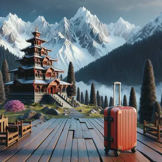 Реалистичное кинематографическое изображение горного пейзажа с традиционным индийским храмом на фоне заснеженных вершин и густого леса, а также с красным туристическим чемоданом на колесиках в переднем плане