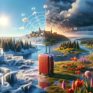 Изображение (не иллюстрация) только в очень реалистичном кинематографическом стиле. На изображении должен присутстовать красный туристический чемодан на колесиках. На изображении не должно быть людей.. Тема изображения: Климат в Швеции — погода по месяцам, лучшие туристические сезоны, советы для путешественников.