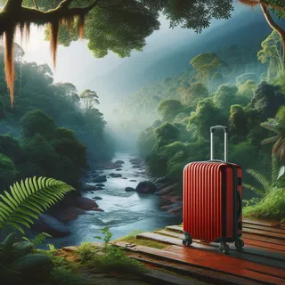 Изображение (не иллюстрация) только в очень реалистичном кинематографическом стиле. На изображении должен присутстовать красный туристический чемодан на колесиках. На изображении не должно быть людей.. Тема изображения: Сокровища Кералы: Исследуйте дикий мир Перияра