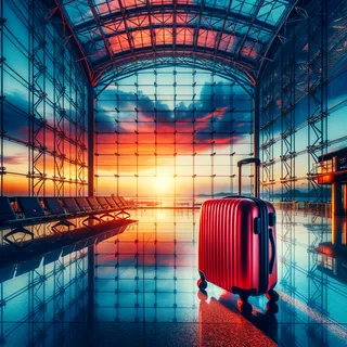 Изображение интерьера аэропорта с красным чемоданом на колесиках на переднем плане, с красивым закатом за большими стеклянными окнами в кинематографическом стиле