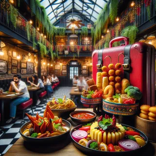 Вкусные традиционные блюда на фоне уютного кафе с красным чемоданом у входа