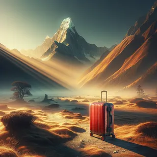 Кинематографический стиль, невероятно реалистично, акцент на детальность и четкость, красный туристический чемодан на колесиках, безлюдный пейзаж у подножья Гималаев, рассвет, золотистые лучи солнца, горный пик на заднем плане, туманная дымка